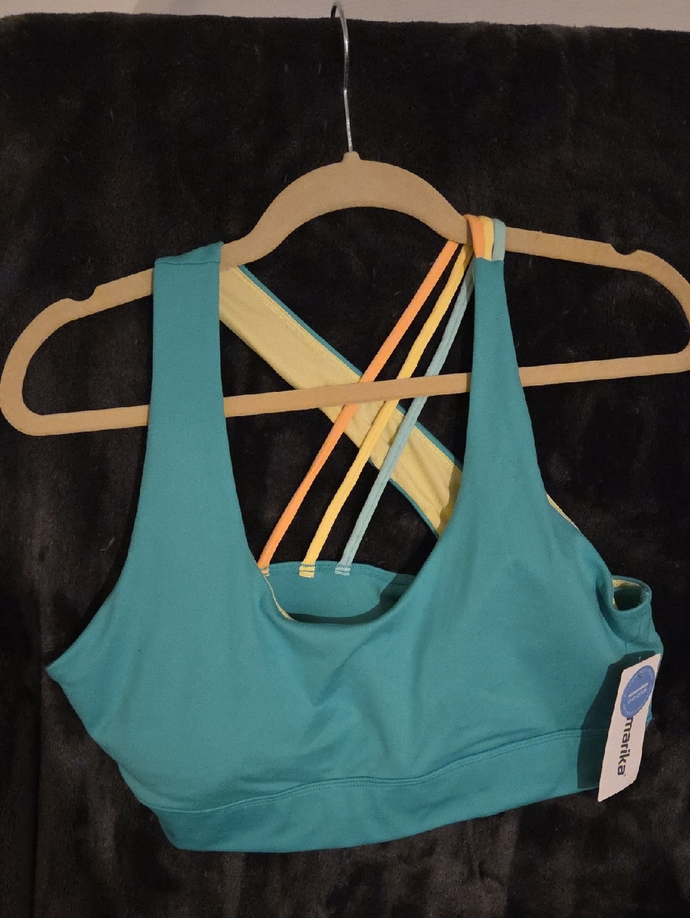Marika Teal Sports Bra with Yellow and Orange Strappy Back